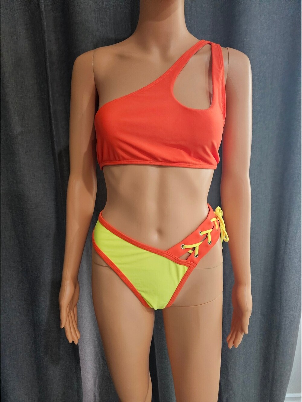 Two-Tone Orange and Yellow One-Shoulder Lace-Up Bikini Set Size 1X